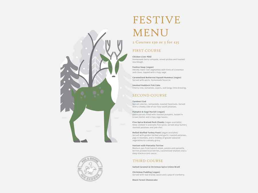 Christmas Menu 2025 at the Fox and Goose Parracombe Exmoor Devon. Choose from 2 courses for £30 or 3 courses for £35.